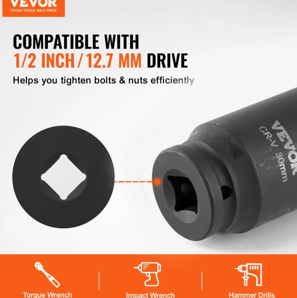 VEVOR Axle Nut Impact Socket Set, 1/2" Drive Deep 6+12-Point 14-Piece Metric Spindle Nut Socket Set, CR-V Heat Treated Large Socket Set with Storage Case, Auto Repair, Removing or Installing Axle Nuts