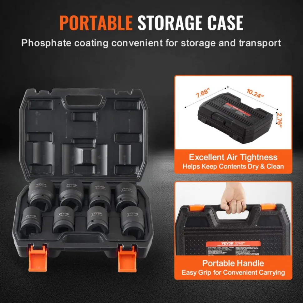 VEVOR Axle Nut Impact Socket Set, 3/4" Drive 6-Point 8-Piece Metric Spindle Nut Socket Set, CR-MO Heat Treated Large Socket Set with Storage Case, for Auto Repair, Removing or Installing Axle Nuts