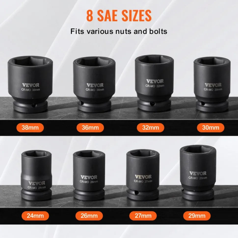 VEVOR Axle Nut Impact Socket Set, 3/4" Drive 6-Point 8-Piece Metric Spindle Nut Socket Set, CR-MO Heat Treated Large Socket Set with Storage Case, for Auto Repair, Removing or Installing Axle Nuts
