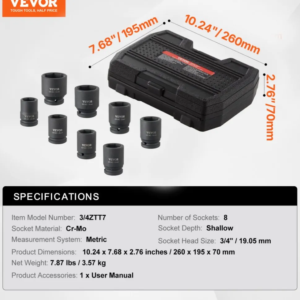 VEVOR Axle Nut Impact Socket Set, 3/4" Drive 6-Point 8-Piece Metric Spindle Nut Socket Set, CR-MO Heat Treated Large Socket Set with Storage Case, for Auto Repair, Removing or Installing Axle Nuts