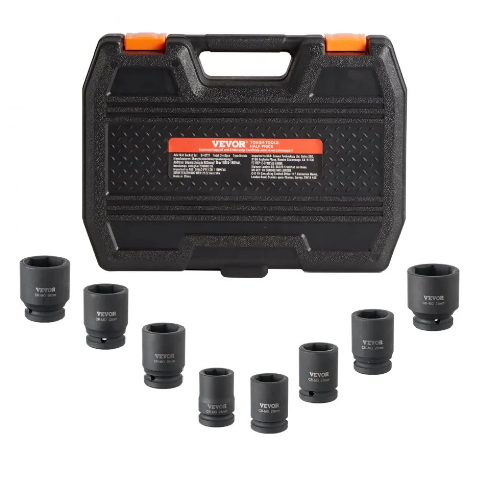 VEVOR Axle Nut Impact Socket Set, 3/4" Drive 6-Point 8-Piece Metric Spindle Nut Socket Set, CR-MO Heat Treated Large Socket Set with Storage Case, for Auto Repair, Removing or Installing Axle Nuts