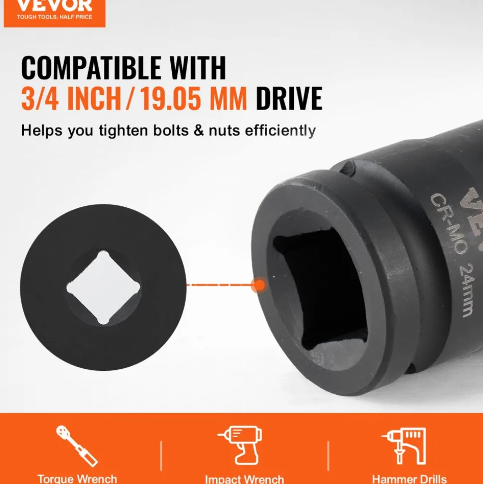 VEVOR Axle Nut Impact Socket Set, 3/4" Drive 6-Point 8-Piece Metric Spindle Nut Socket Set, CR-MO Heat Treated Large Socket Set with Storage Case, for Auto Repair, Removing or Installing Axle Nuts