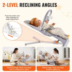 VEVOR Baby Bouncer, Folding Bouncer Seat for Babies 0-9 Months, Newborn Bouncer Chair with 2 Reclining Angles & 3-Point Harness, Portable Infant Rocker with Carrying Bag for Indoors Outdoors, Camel