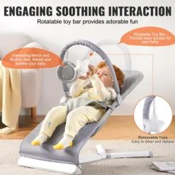 VEVOR Baby Bouncer, Folding Bouncer Seat for Babies 0-9 Months, Newborn Bouncer Chair with 2 Reclining Angles & 3-Point Harness, Portable Infant Rocker with Carrying Bag for Indoors Outdoors, Camel