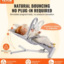 VEVOR Baby Bouncer, Folding Bouncer Seat for Babies 0-9 Months, Newborn Bouncer Chair with 2 Reclining Angles & 3-Point Harness, Portable Infant Rocker with Carrying Bag for Indoors Outdoors, Camel