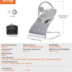 VEVOR Baby Bouncer, Folding Bouncer Seat for Babies 0-9 Months, Newborn Bouncer Chair with 2 Reclining Angles & 3-Point Harness, Portable Infant Rocker with Carrying Bag for Indoors Outdoors, Camel