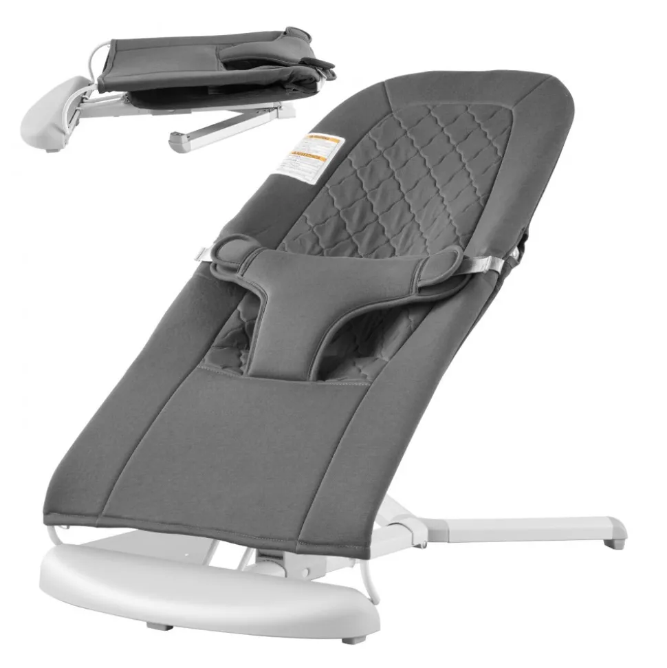 VEVOR Baby Bouncer, Folding Bouncer Seat for Babies 0-9 Months, Newborn Bouncer Chair with 2 Reclining Angles & 3-Point Harness, Portable Infant Rocker with Carrying Bag for Indoor Outdoor, Dark Gray