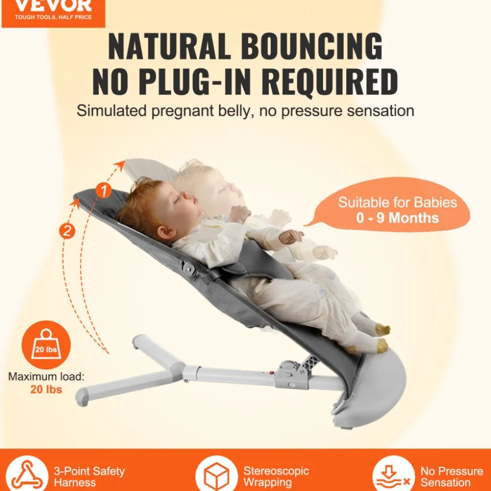 VEVOR Baby Bouncer, Folding Bouncer Seat for Babies 0-9 Months, Newborn Bouncer Chair with 2 Reclining Angles & 3-Point Harness, Portable Infant Rocker with Carrying Bag for Indoor Outdoor, Dark Gray