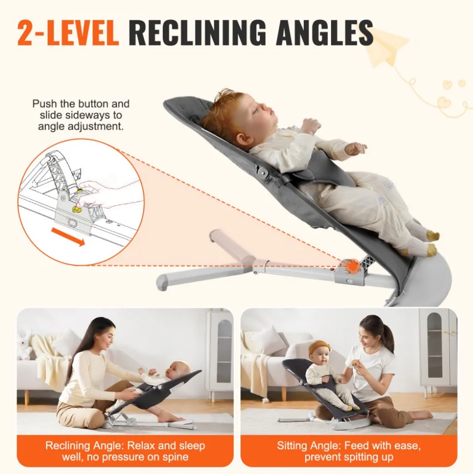 VEVOR Baby Bouncer, Folding Bouncer Seat for Babies 0-9 Months, Newborn Bouncer Chair with 2 Reclining Angles & 3-Point Harness, Portable Infant Rocker with Carrying Bag for Indoor Outdoor, Dark Gray