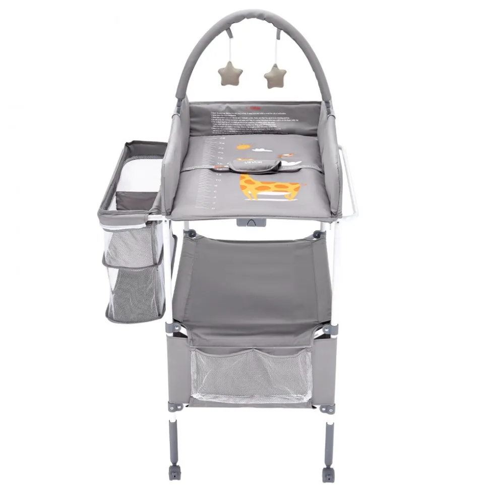 VEVOR Baby Changing Table, Foldable Diaper Change Station with 2 Fabric Drawers, Side Basket & Hanging Rod, Adjustable Height Portable Changing Table with Lockable Wheels & 2 Star Toys, Light Gray