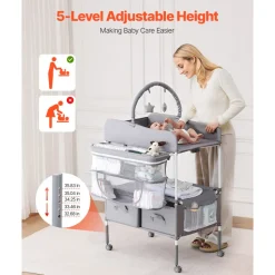 VEVOR Baby Changing Table, Foldable Diaper Change Station with 2 Fabric Drawers, Side Basket & Hanging Rod, Adjustable Height Portable Changing Table with Lockable Wheels & 2 Star Toys, Light Gray