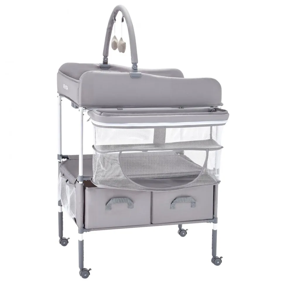 VEVOR Baby Changing Table, Foldable Diaper Change Station with 2 Fabric Drawers, Side Basket & Hanging Rod, Adjustable Height Portable Changing Table with Lockable Wheels & 2 Star Toys, Light Gray