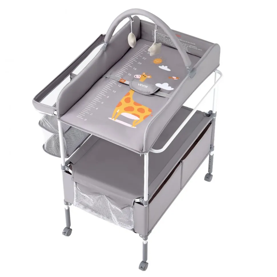 VEVOR Baby Changing Table, Foldable Diaper Change Station with 2 Fabric Drawers, Side Basket & Hanging Rod, Adjustable Height Portable Changing Table with Lockable Wheels & 2 Star Toys, Light Gray
