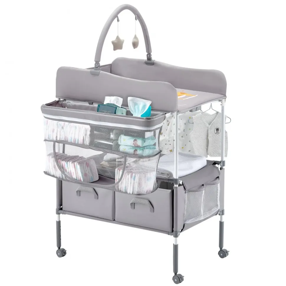 VEVOR Baby Changing Table, Foldable Diaper Change Station with 2 Fabric Drawers, Side Basket & Hanging Rod, Adjustable Height Portable Changing Table with Lockable Wheels & 2 Star Toys, Light Gray