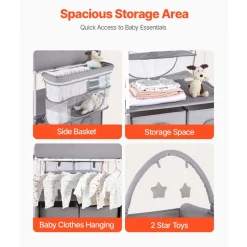 VEVOR Baby Changing Table, Foldable Diaper Change Station with 2 Fabric Drawers, Side Basket & Hanging Rod, Adjustable Height Portable Changing Table with Lockable Wheels & 2 Star Toys, Light Gray