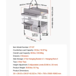 VEVOR Baby Changing Table, Foldable Diaper Change Station with 2 Fabric Drawers, Side Basket & Hanging Rod, Adjustable Height Portable Changing Table with Lockable Wheels & 2 Star Toys, Light Gray