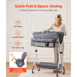 VEVOR Baby Changing Table, Foldable Diaper Change Station with Side Basket, Adjustable Height Portable Changing Table with Lockable Wheels, Multi-Functional Storage Organizer Nursery, Dark Gray