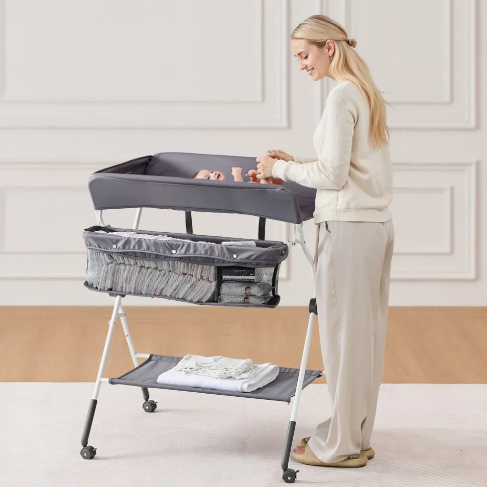 VEVOR Baby Changing Table, Foldable Diaper Change Station with Side Basket, Adjustable Height Portable Changing Table with Lockable Wheels, Multi-Functional Storage Organizer Nursery, Dark Gray