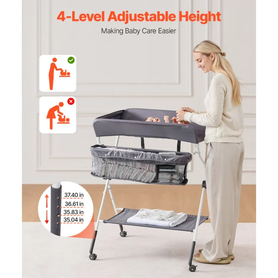 VEVOR Baby Changing Table, Foldable Diaper Change Station with Side Basket, Adjustable Height Portable Changing Table with Lockable Wheels, Multi-Functional Storage Organizer Nursery, Dark Gray