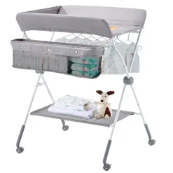 VEVOR Baby Changing Table, Foldable Diaper Change Station with Side Basket, Adjustable Height Portable Changing Table with Lockable Wheels, Multi-Functional Storage Organizer Nursery, Light Gray