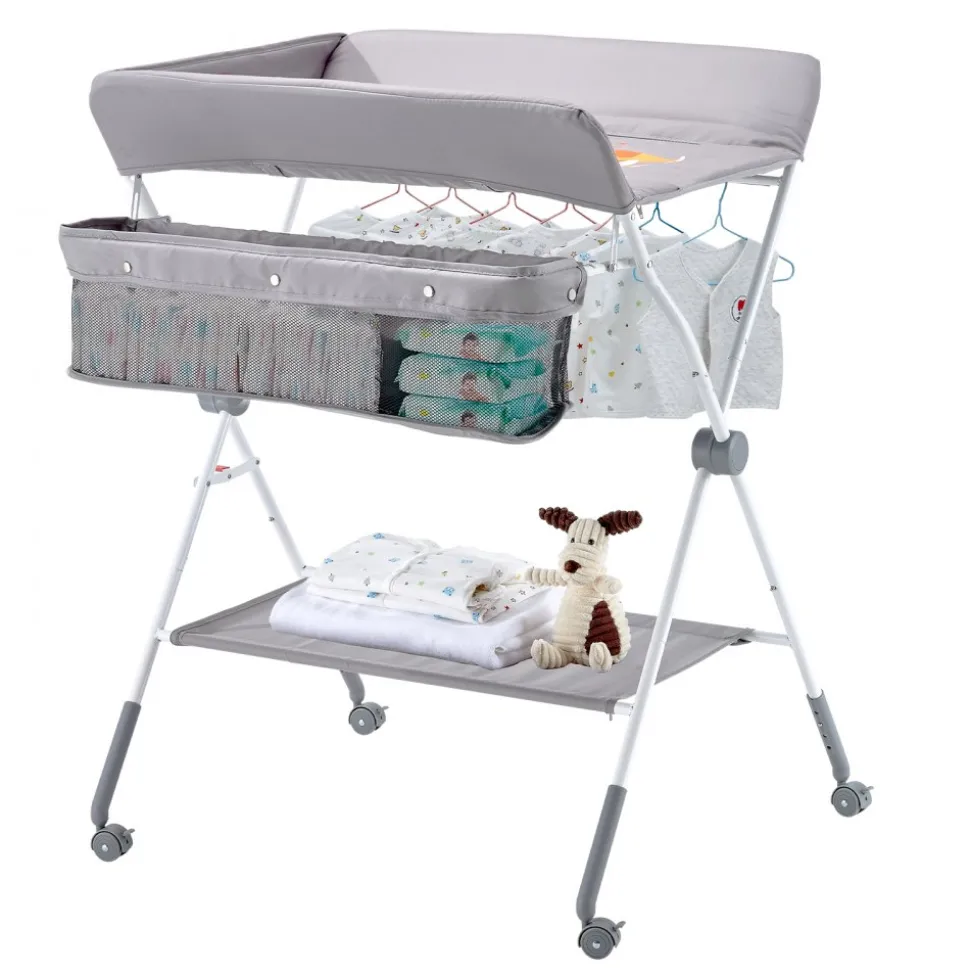 VEVOR Baby Changing Table, Foldable Diaper Change Station with Side Basket, Adjustable Height Portable Changing Table with Lockable Wheels, Multi-Functional Storage Organizer Nursery, Light Gray