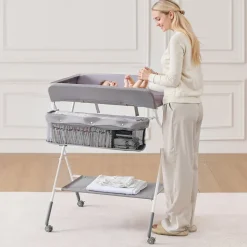 VEVOR Baby Changing Table, Foldable Diaper Change Station with Side Basket, Adjustable Height Portable Changing Table with Lockable Wheels, Multi-Functional Storage Organizer Nursery, Light Gray
