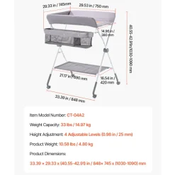 VEVOR Baby Changing Table, Foldable Diaper Change Station with Side Basket, Adjustable Height Portable Changing Table with Lockable Wheels, Multi-Functional Storage Organizer Nursery, Light Gray