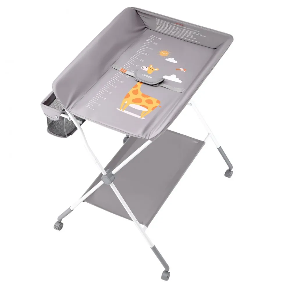 VEVOR Baby Changing Table, Foldable Diaper Change Station with Side Basket, Adjustable Height Portable Changing Table with Lockable Wheels, Multi-Functional Storage Organizer Nursery, Light Gray