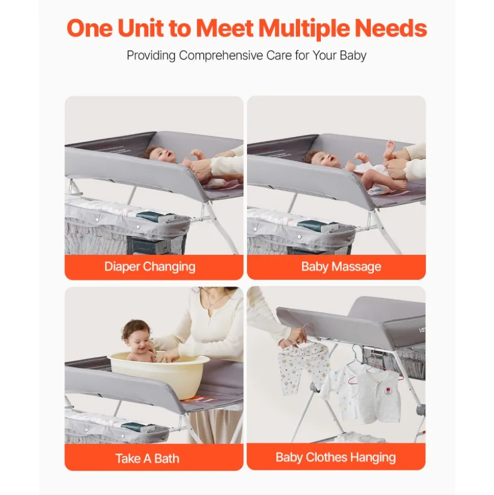 VEVOR Baby Changing Table, Foldable Diaper Change Station with Side Basket, Adjustable Height Portable Changing Table with Lockable Wheels, Multi-Functional Storage Organizer Nursery, Light Gray