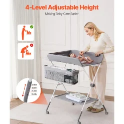 VEVOR Baby Changing Table, Foldable Diaper Change Station with Side Basket, Adjustable Height Portable Changing Table with Lockable Wheels, Multi-Functional Storage Organizer Nursery, Light Gray