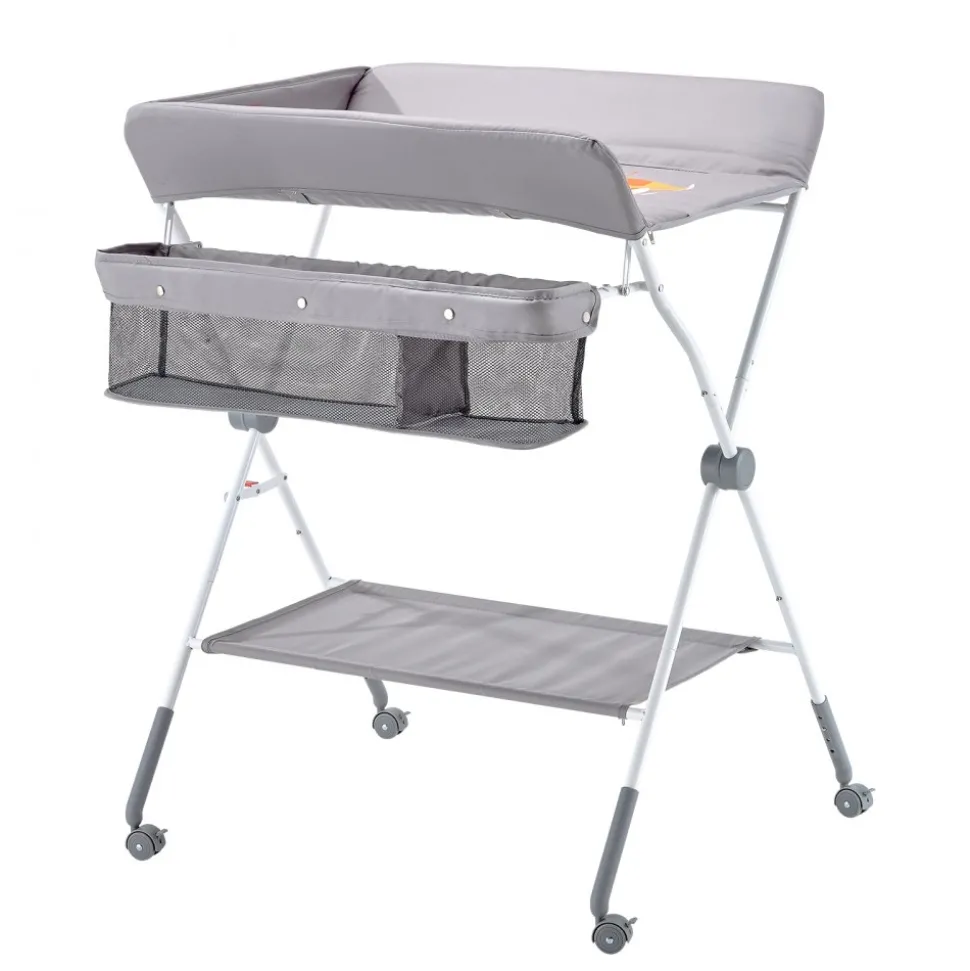 VEVOR Baby Changing Table, Foldable Diaper Change Station with Side Basket, Adjustable Height Portable Changing Table with Lockable Wheels, Multi-Functional Storage Organizer Nursery, Light Gray