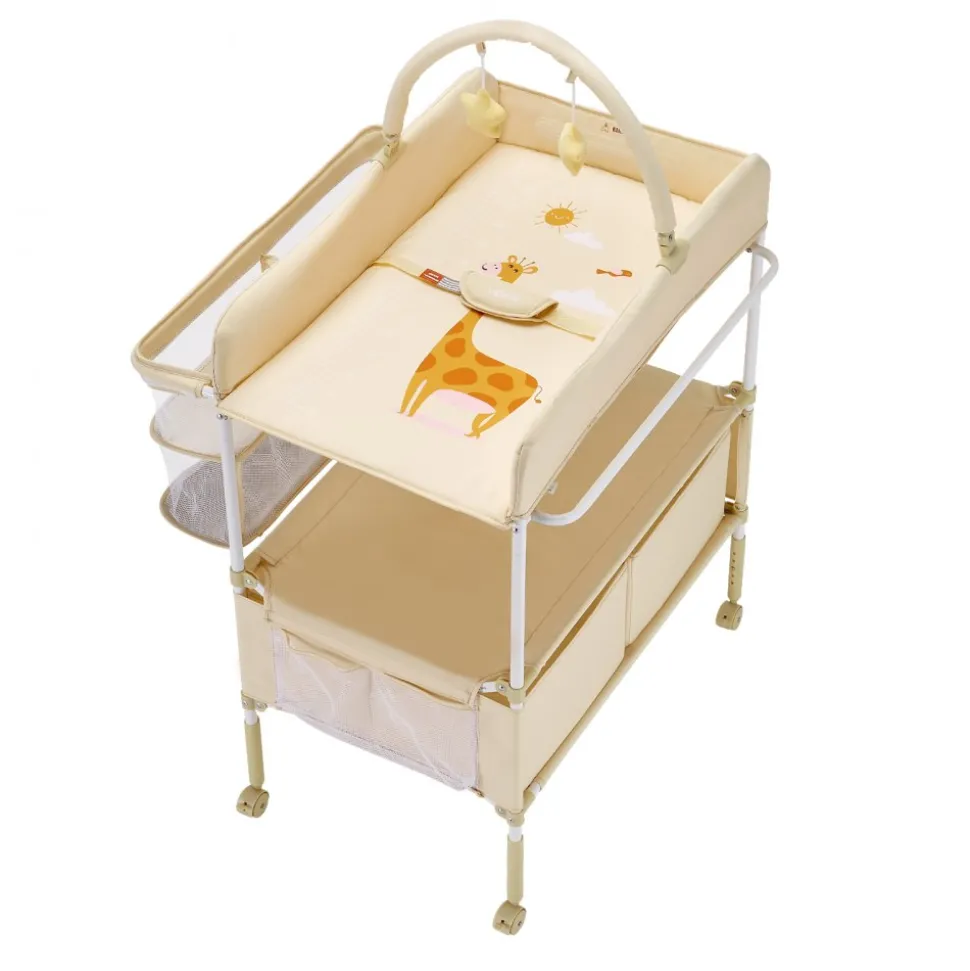 VEVOR Baby Changing Table, Foldable Diaper Change Station with 2 Fabric Drawers, Side Basket & Hanging Rod, Adjustable Height Portable Changing Table with Lockable Wheels & 2 Star Toys, Light Beige