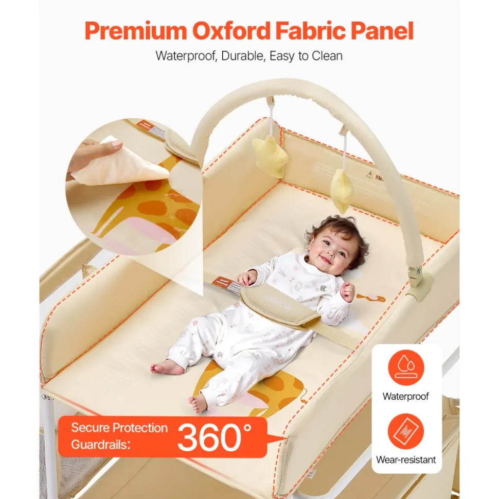 VEVOR Baby Changing Table, Foldable Diaper Change Station with 2 Fabric Drawers, Side Basket & Hanging Rod, Adjustable Height Portable Changing Table with Lockable Wheels & 2 Star Toys, Light Beige
