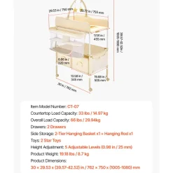 VEVOR Baby Changing Table, Foldable Diaper Change Station with 2 Fabric Drawers, Side Basket & Hanging Rod, Adjustable Height Portable Changing Table with Lockable Wheels & 2 Star Toys, Light Beige