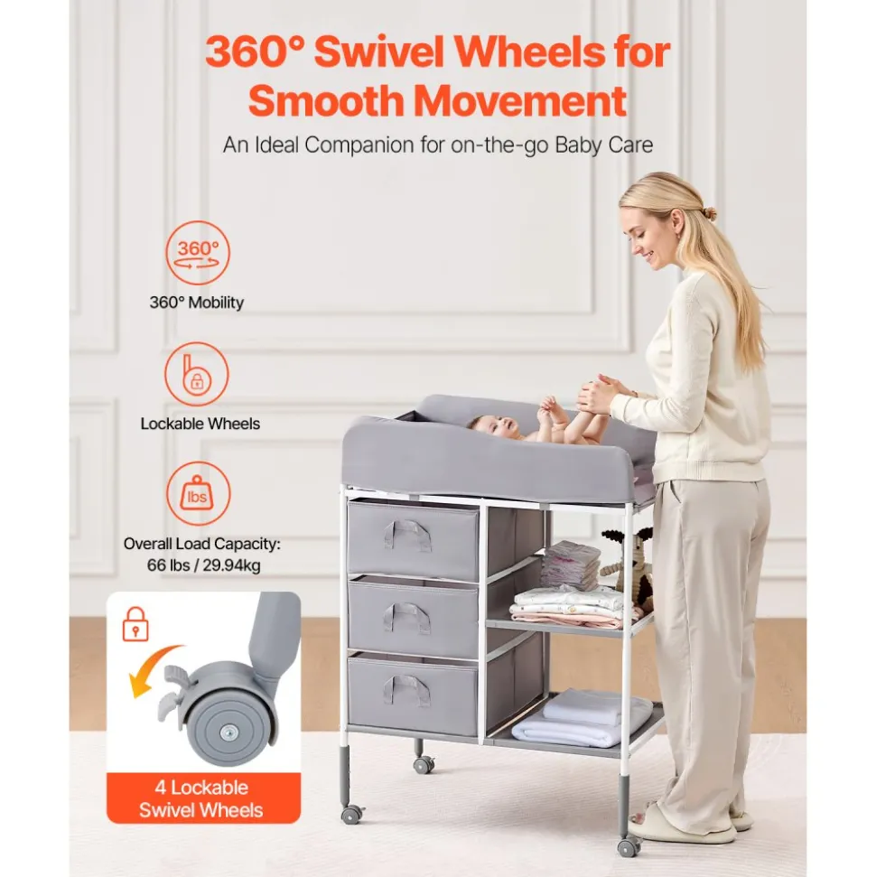 VEVOR Baby Changing Table, Portable Diaper Change Station with 3 Fabric Drawers and Lockable Wheels, Adjustable Height Multi-Functional Changing Station Table with Storage Organizer Nursery, Gray