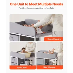 VEVOR Baby Changing Table, Portable Diaper Change Station with 3 Fabric Drawers and Lockable Wheels, Adjustable Height Multi-Functional Changing Station Table with Storage Organizer Nursery, Gray