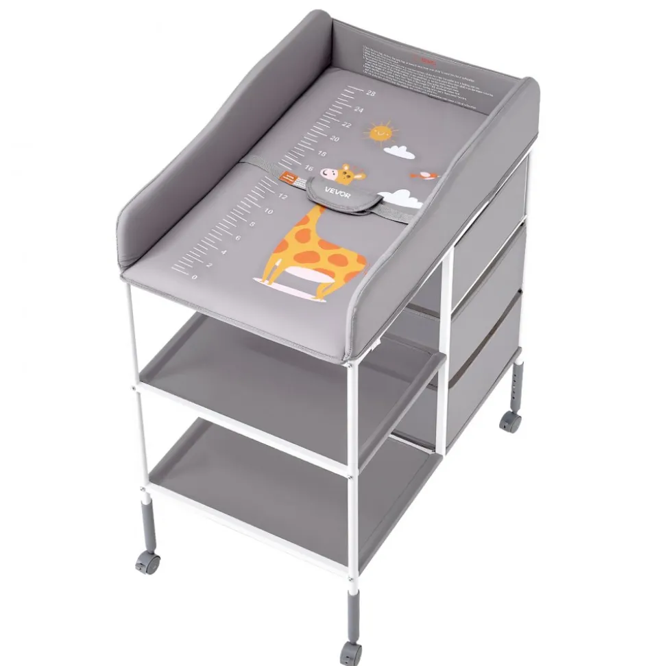 VEVOR Baby Changing Table, Portable Diaper Change Station with 3 Fabric Drawers and Lockable Wheels, Adjustable Height Multi-Functional Changing Station Table with Storage Organizer Nursery, Gray