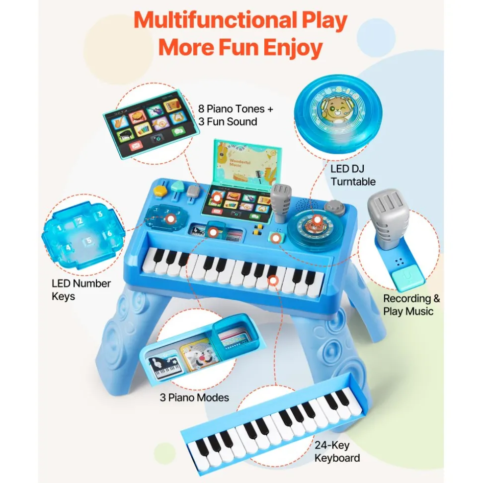VEVOR Baby DJ Playset for Toddlers 1-3, Educational Musical Table Toys with 133 Sound Sources, Recording and LED DJ Turntable, Baby Activity Table for Birthday, Gift for Kids Aged 6+ Months