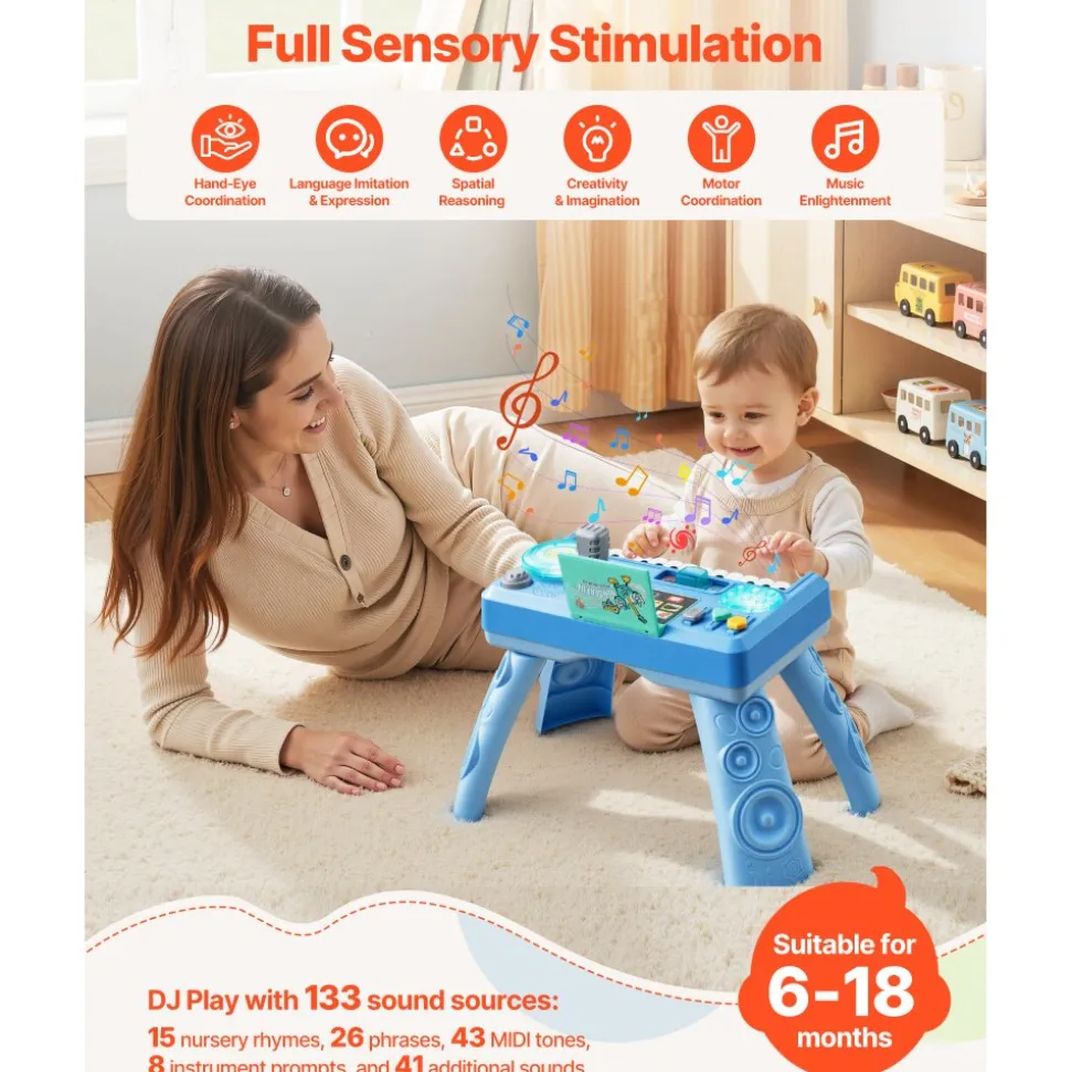 VEVOR Baby DJ Playset for Toddlers 1-3, Educational Musical Table Toys with 133 Sound Sources, Recording and LED DJ Turntable, Baby Activity Table for Birthday, Gift for Kids Aged 6+ Months
