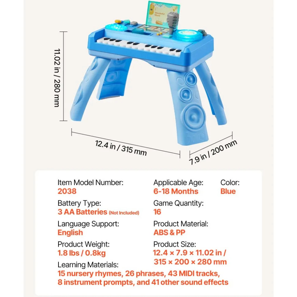 VEVOR Baby DJ Playset for Toddlers 1-3, Educational Musical Table Toys with 133 Sound Sources, Recording and LED DJ Turntable, Baby Activity Table for Birthday, Gift for Kids Aged 6+ Months