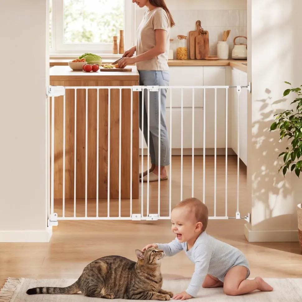 VEVOR Baby Gate for Stairs, 26-43 in Adjustable Width, 28 in High Dog Gate, No Bottom Bar, One-Handed Operation, Easy Drilling Installation with Hardware Kit, for Stairs, Doorways, and House, White