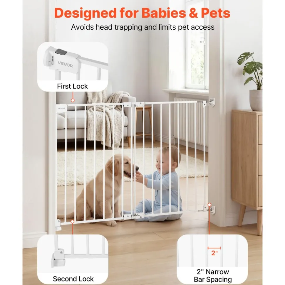 VEVOR Baby Gate for Stairs, 26-43 in Adjustable Width, 28 in High Dog Gate, No Bottom Bar, One-Handed Operation, Easy Drilling Installation with Hardware Kit, for Stairs, Doorways, and House, White