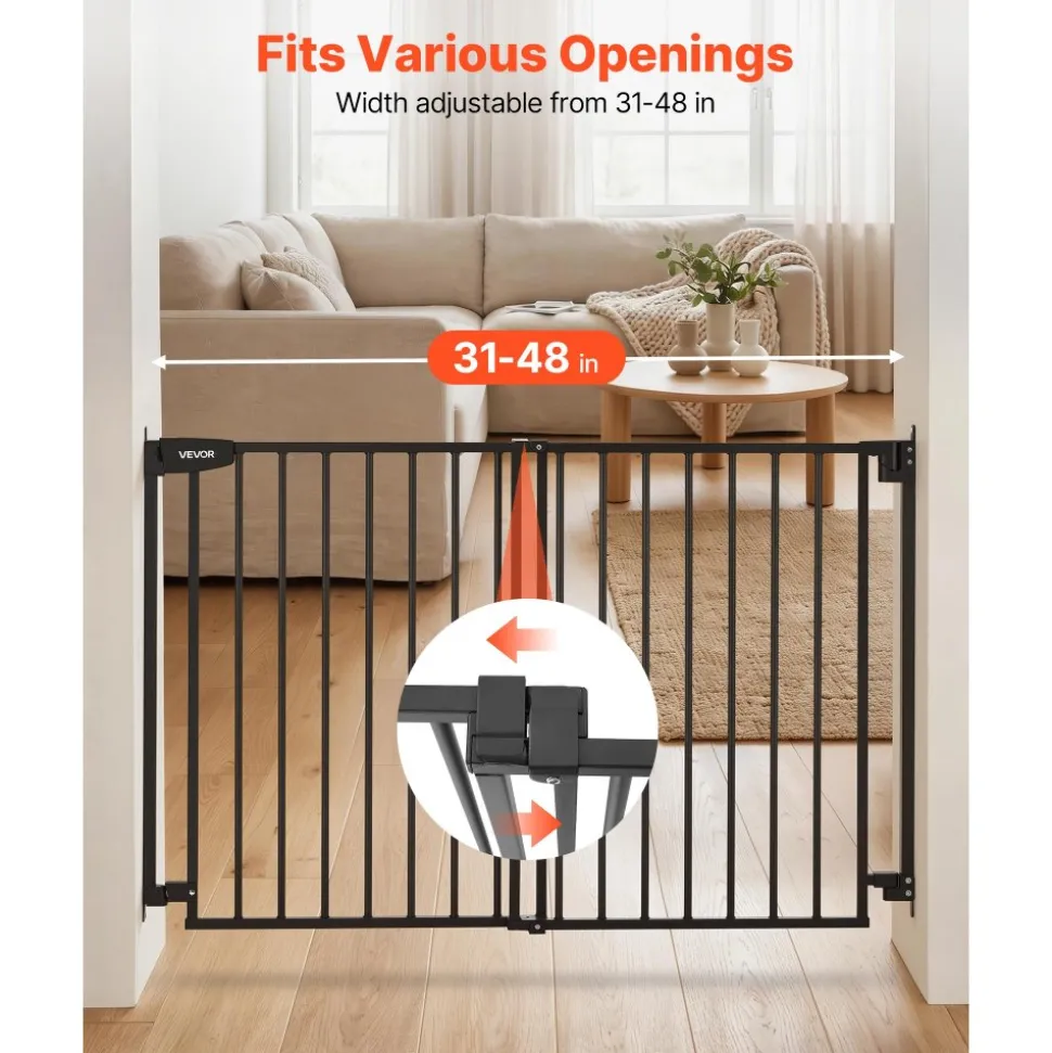 VEVOR Baby Gate for Stairs, 31-48 in Adjustable Width, 30 in High Dog Gate, No Bottom Bar, One-Handed Operation, Easy Drilling Installation with Hardware Kit, for Stairs, Doorways, and House, Black