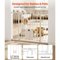VEVOR Baby Gate for Stairs, 29.5-43 in Adjustable Width, Baby Gate with Adjustable Cat Door, with Pressure Mount Kit and Wall Mount Kit, Secure Metal Pet Door for Stairs, Doorways, and House, White