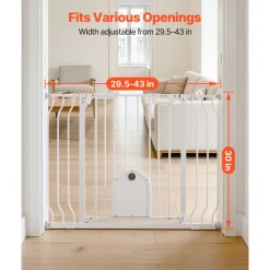 VEVOR Baby Gate for Stairs, 29.5-43 in Adjustable Width, Baby Gate with Adjustable Cat Door, with Pressure Mount Kit and Wall Mount Kit, Secure Metal Pet Door for Stairs, Doorways, and House, White