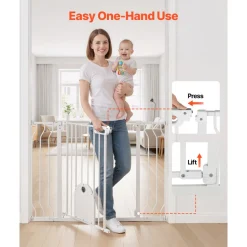 VEVOR Baby Gate for Stairs, 29.5-43 in Adjustable Width, Baby Gate with Adjustable Cat Door, with Pressure Mount Kit and Wall Mount Kit, Secure Metal Pet Door for Stairs, Doorways, and House, White