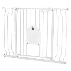 VEVOR Baby Gate for Stairs, 29.5-43 in Adjustable Width, Baby Gate with Adjustable Cat Door, with Pressure Mount Kit and Wall Mount Kit, Secure Metal Pet Door for Stairs, Doorways, and House, White