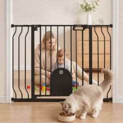 VEVOR Baby Gate for Stairs, 29.5-43 in Adjustable Width, Baby Gate with Adjustable Cat Door, with Pressure Mount Kit and Wall Mount Kit, Secure Metal Pet Door for Stairs, Doorways, and House, Black
