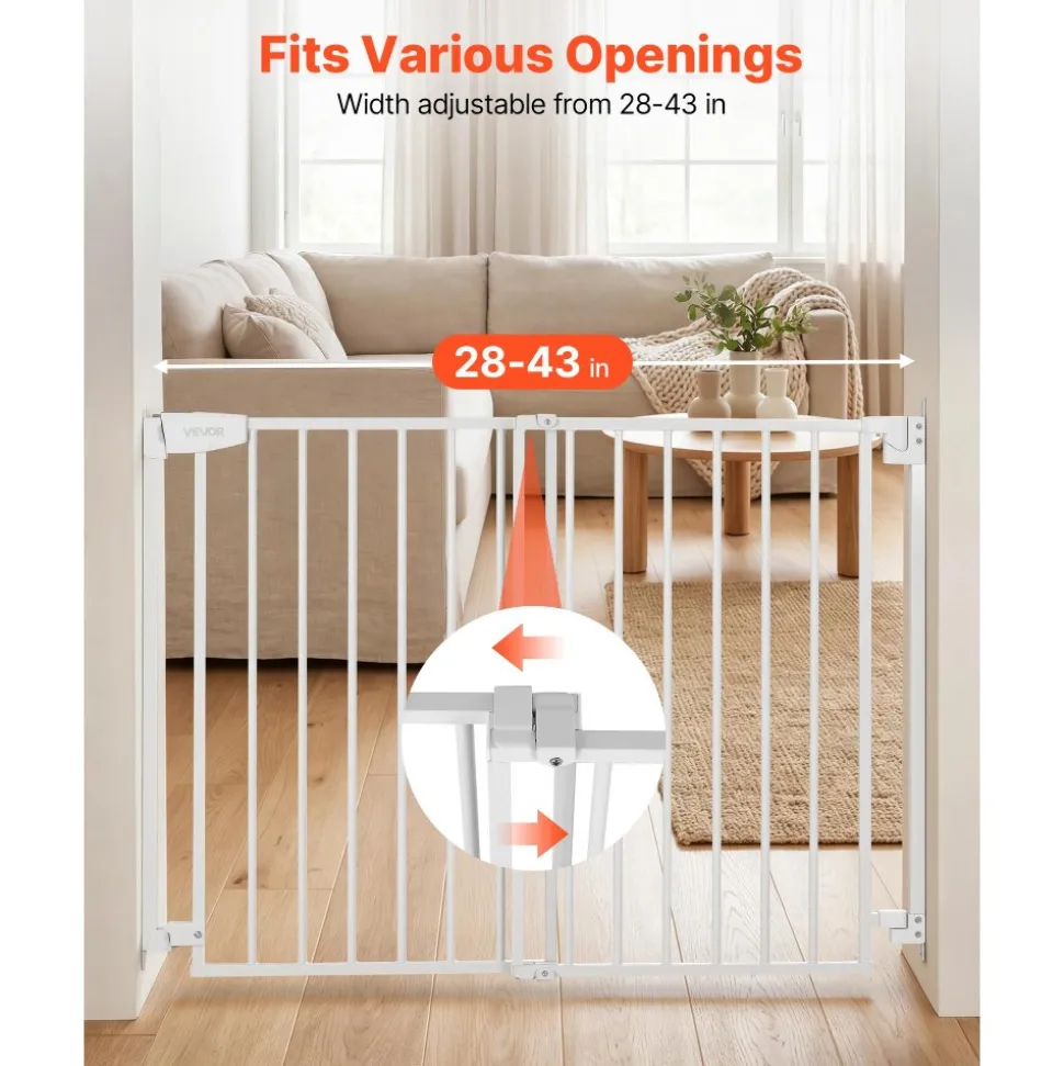 VEVOR Baby Gate for Stairs, 28-43 in Adjustable Width, 30 in High Dog Gate, No Bottom Bar, One-Handed Operation, Easy Drilling Installation with Hardware Kit, for Stairs, Doorways, and House, White