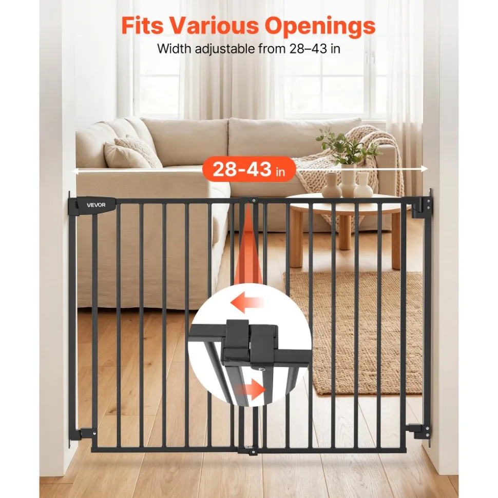 VEVOR Baby Gate for Stairs, 28-43 in Adjustable Width, 30 in High Dog Gate, No Bottom Bar, One-Handed Operation, Easy Drilling Installation with Hardware Kit, for Stairs, Doorways, and House, Black